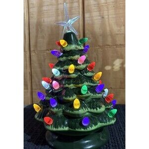 11” Classic Lighted Ceramic Christmas Tree Green w Star Battery Operated